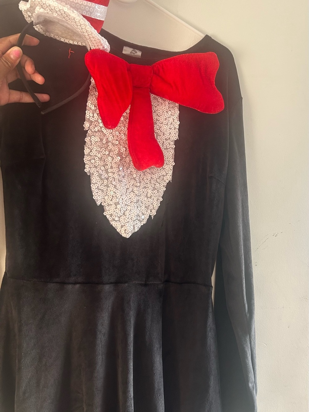 Adult Black Sequin Bow Costume Dress with Red Bow
